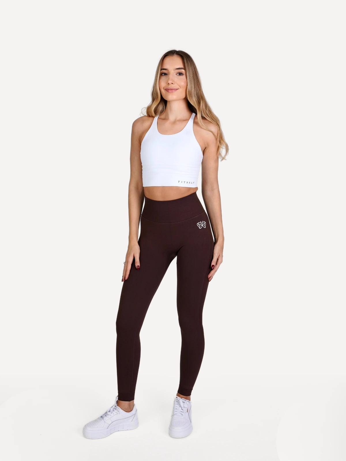 Zestaw Legginsy Double PUSH UP brązowe + Top STRAP BRA biały