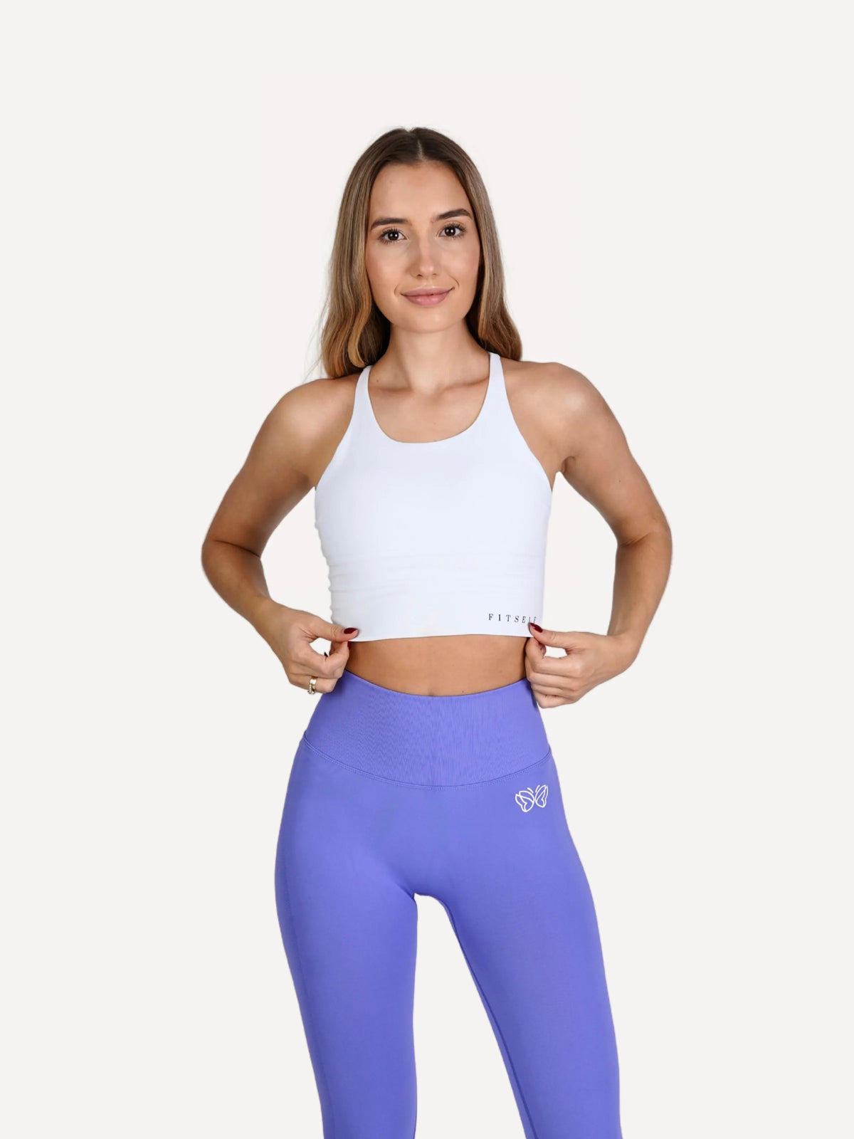 Zestaw Legginsy Double PUSH UP fioletowe + Top STRAP BRA biały