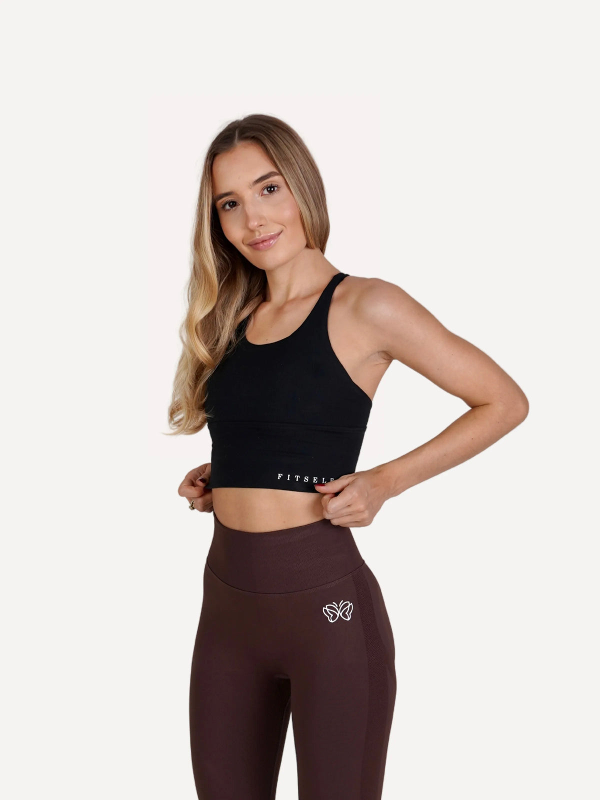 Zestaw Legginsy Double PUSH UP brązowe + Top STRAP BRA czarny